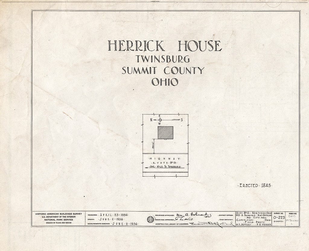 Blueprint HABS Ohio,77-TWINB.V,1- (Sheet 0 of 3) - Herrick House, Route 91, Twinsburg, Summit County, OH