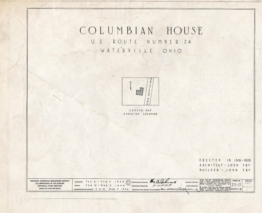 Blueprint HABS Ohio,48-WATVI,1- (Sheet 0 of 8) - Columbian House (Tavern), River Road, Waterville, Lucas County, OH