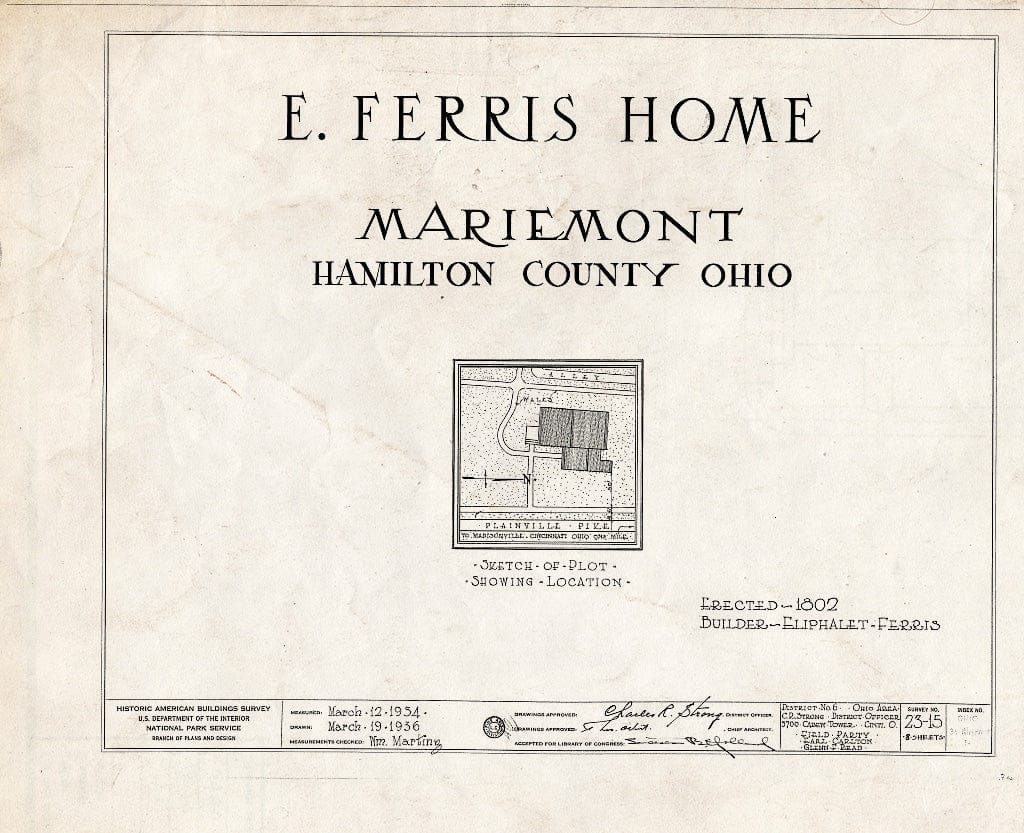 Blueprint HABS Ohio,31-MARMO,1- (Sheet 0 of 8) - Elithalet Ferris House, 3905 Plainville Road, Mariemont, Hamilton County, OH