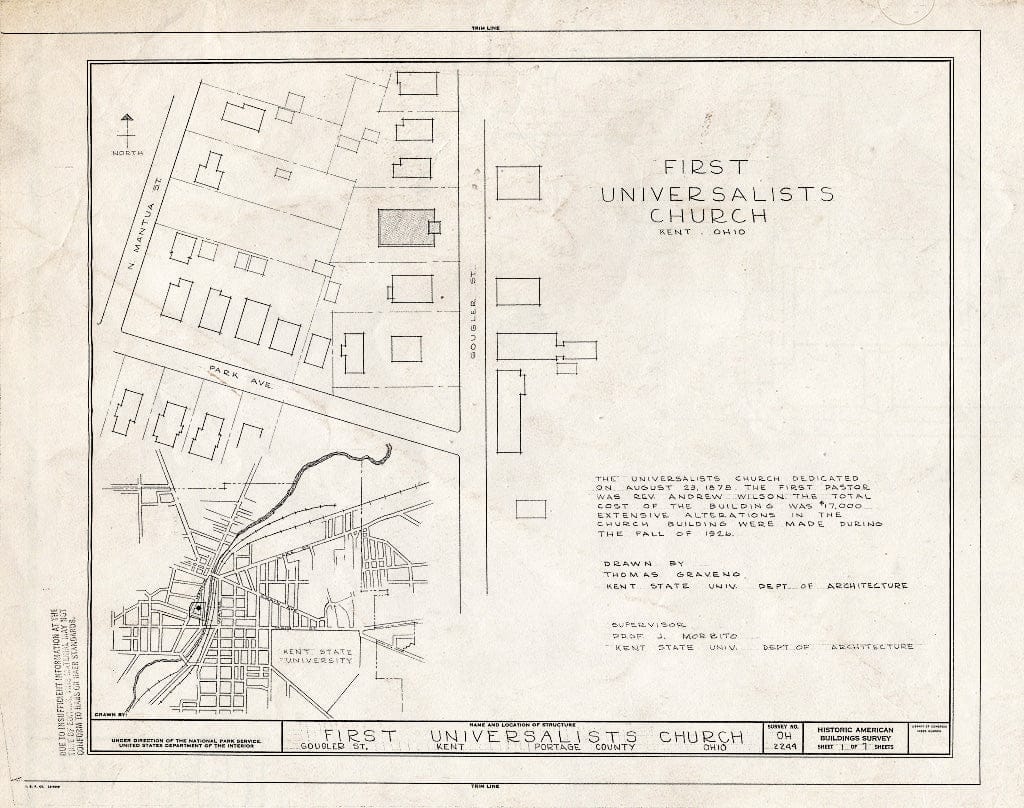 Blueprint HABS Ohio,67-Kent,1- (Sheet 1 of 7) - First Universalist Church, Gougler Street, Kent, Portage County, OH