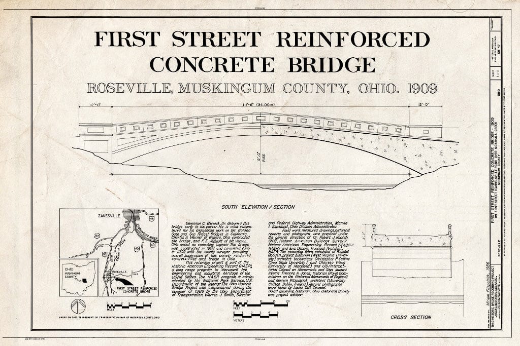 Blueprint HAER Ohio,60-Rose,1- (Sheet 1 of 1) - First Street Reinforced Concrete Bridge, Spanning Moxahala Creek at First Street (CR 7), Roseville, Muskingum County, OH