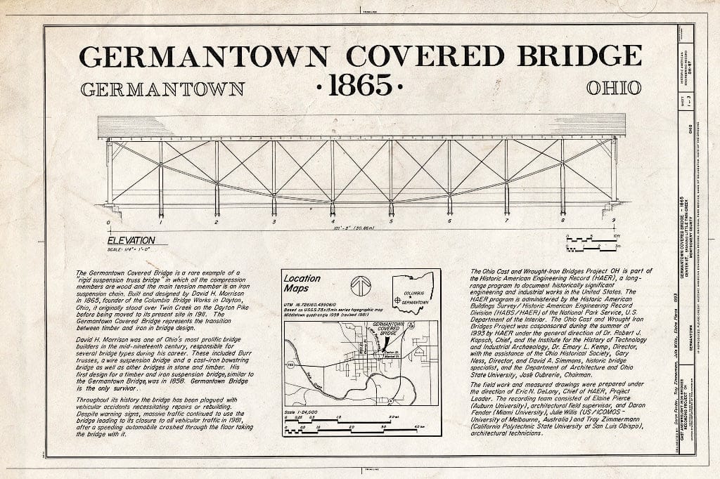 Blueprint Germantown Covered Bridge, Title Sheet - Germantown Covered Bridge, Center Street Spanning Little Twin Creek, Germantown, Montgomery County, OH