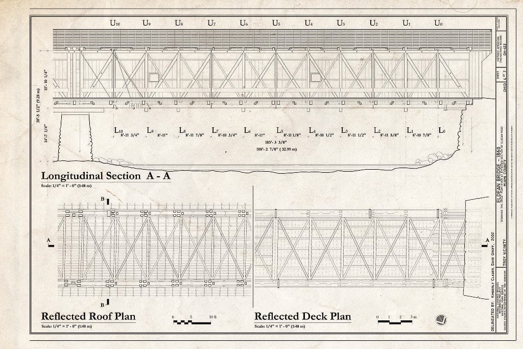 Blueprint Longitudinal Section A-A, Reflected Roof Plan, Reflected Deck Plan - Eldean Bridge, Spanning Great Miami River at bypassed section of Eldean Road, Troy, Miami County, OH