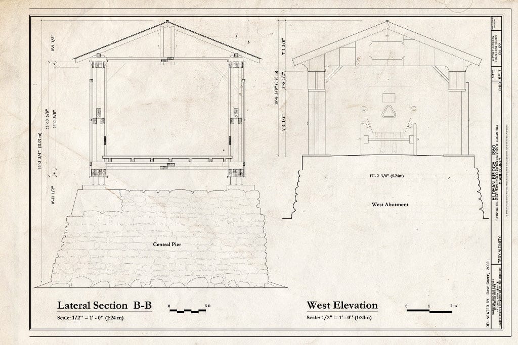 Blueprint Lateral Section B-B, West Elevation - Eldean Bridge, Spanning Great Miami River at bypassed Section of Eldean Road, Troy, Miami County, OH