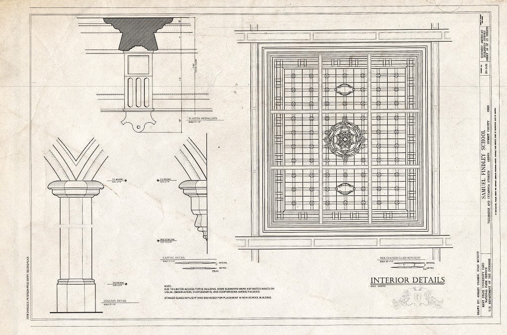 Blueprint Interior Details of Capital, Column, Medallion, 1906 Stained Glass Skylight - Samuel Findley School, Tallmadge and Cuyahoga Streets, Akron, Summit County, OH