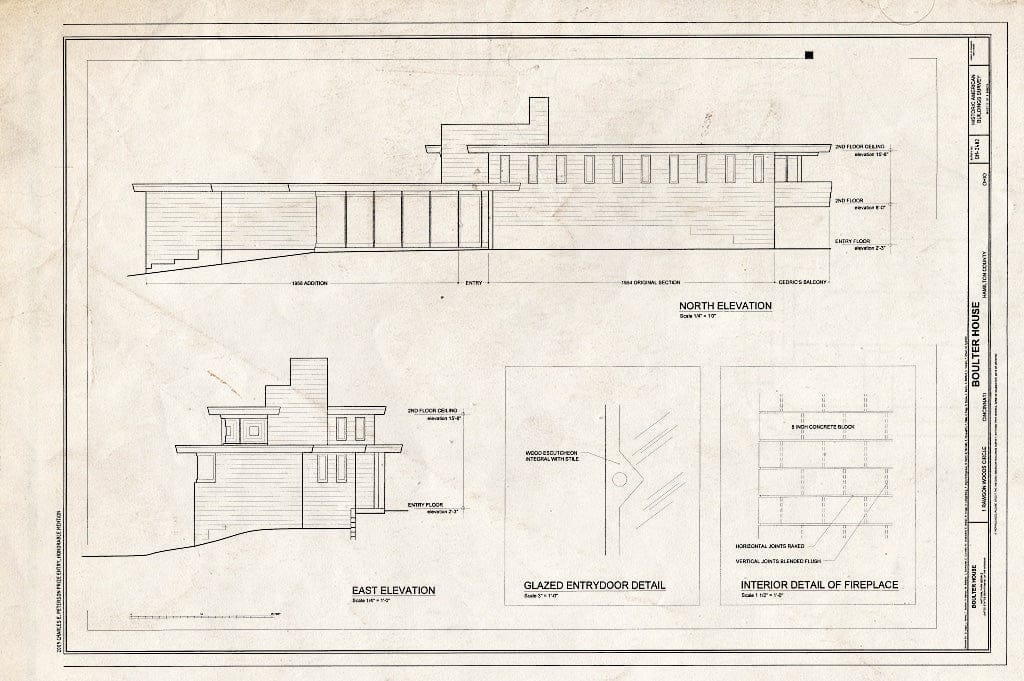 Blueprint North & East Elevations and Details of Glazed Entry Door & Interior Fireplace - Cedric & Patricia Boulter House, 1 Rawson Woods Circle, Cincinnati, Hamilton County, OH