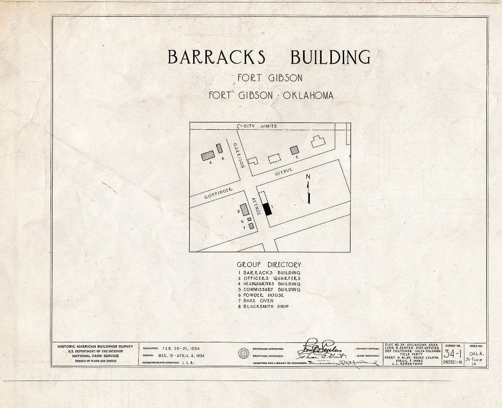 Blueprint HABS OKLA,51-FOGIB,1A- (Sheet 0 of 14) - Fort Gibson, Barracks Building, Garrison Avenue, Fort Gibson, Muskogee County, OK