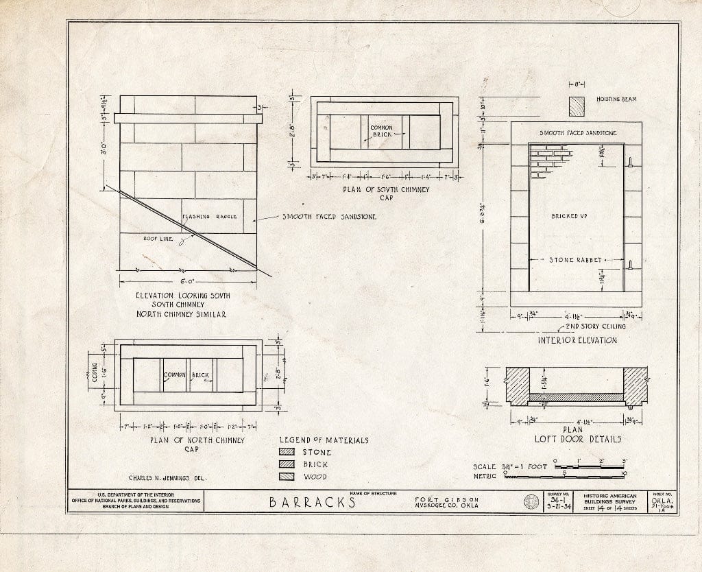 Blueprint HABS OKLA,51-FOGIB,1A- (Sheet 14 of 14) - Fort Gibson, Barracks Building, Garrison Avenue, Fort Gibson, Muskogee County, OK
