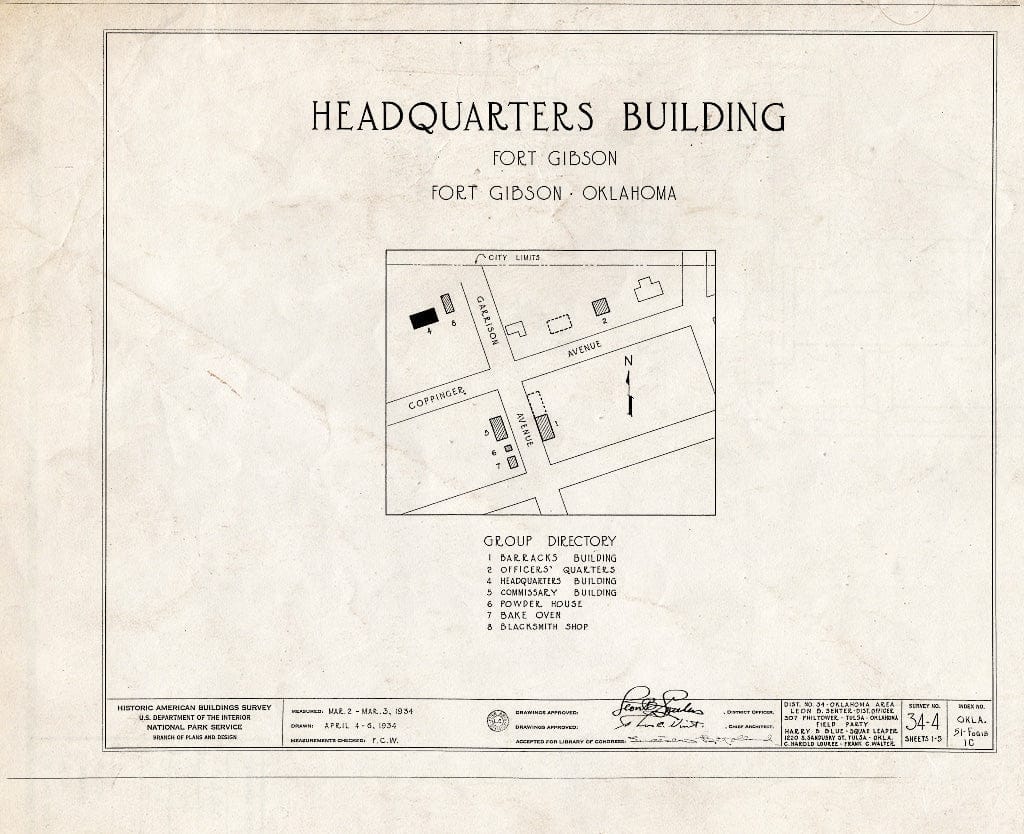 Blueprint HABS OKLA,51-FOGIB,1C- (Sheet 0 of 5) - Fort Gibson, Headquarters Building, Garrison Avenue, Fort Gibson, Muskogee County, OK