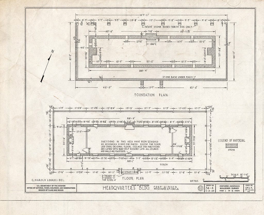 Blueprint HABS OKLA,51-FOGIB,1C- (Sheet 1 of 5) - Fort Gibson, Headquarters Building, Garrison Avenue, Fort Gibson, Muskogee County, OK