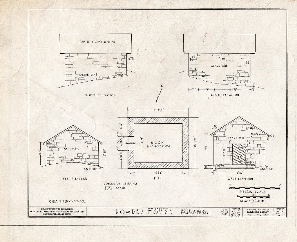 Blueprint HABS OKLA,51-FOGIB,1E- (Sheet 1 of 2) - Fort Gibson, Powder Magazine, Garrison Avenue, Fort Gibson, Muskogee County, OK