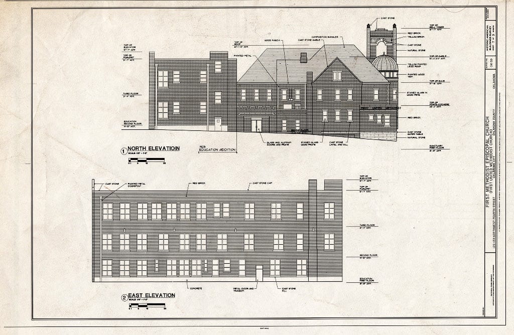 Blueprint North and East Elevations - First Methodist Episcopal Church, 129-133 Northwest Fourth Street, Oklahoma City, Oklahoma County, OK