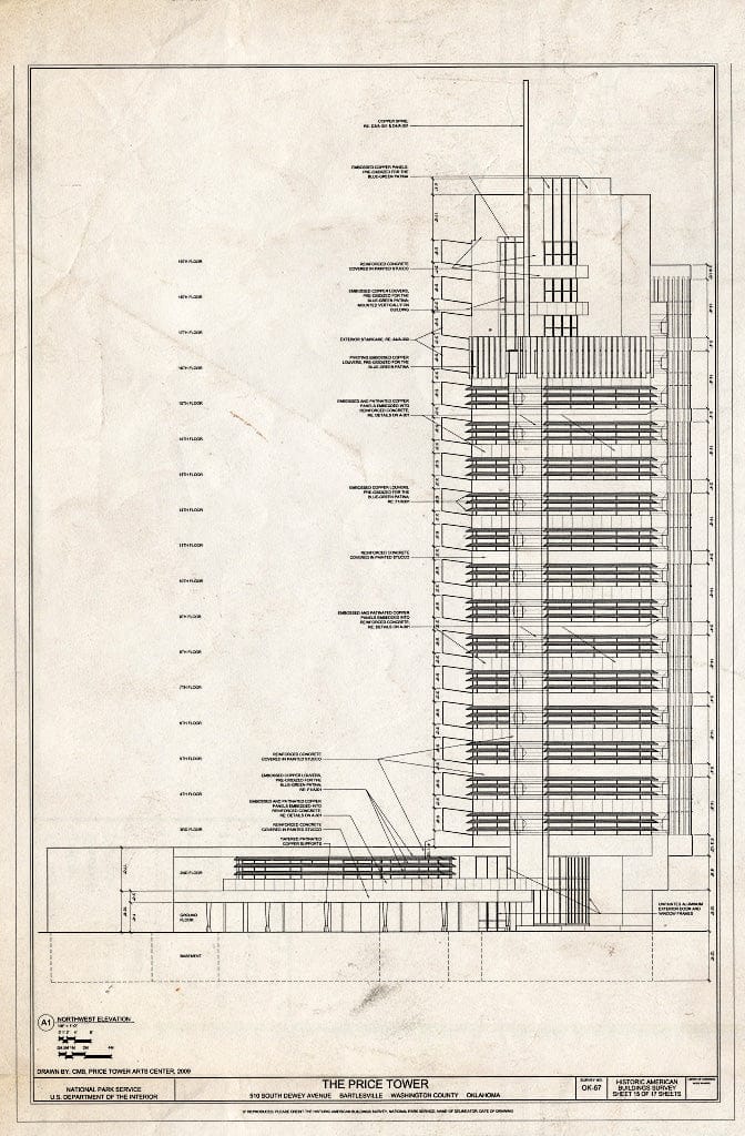 Blueprint Northwest Elevation - Price Tower, 510 South Dewey Avenue, Bartlesville, Washington County, OK