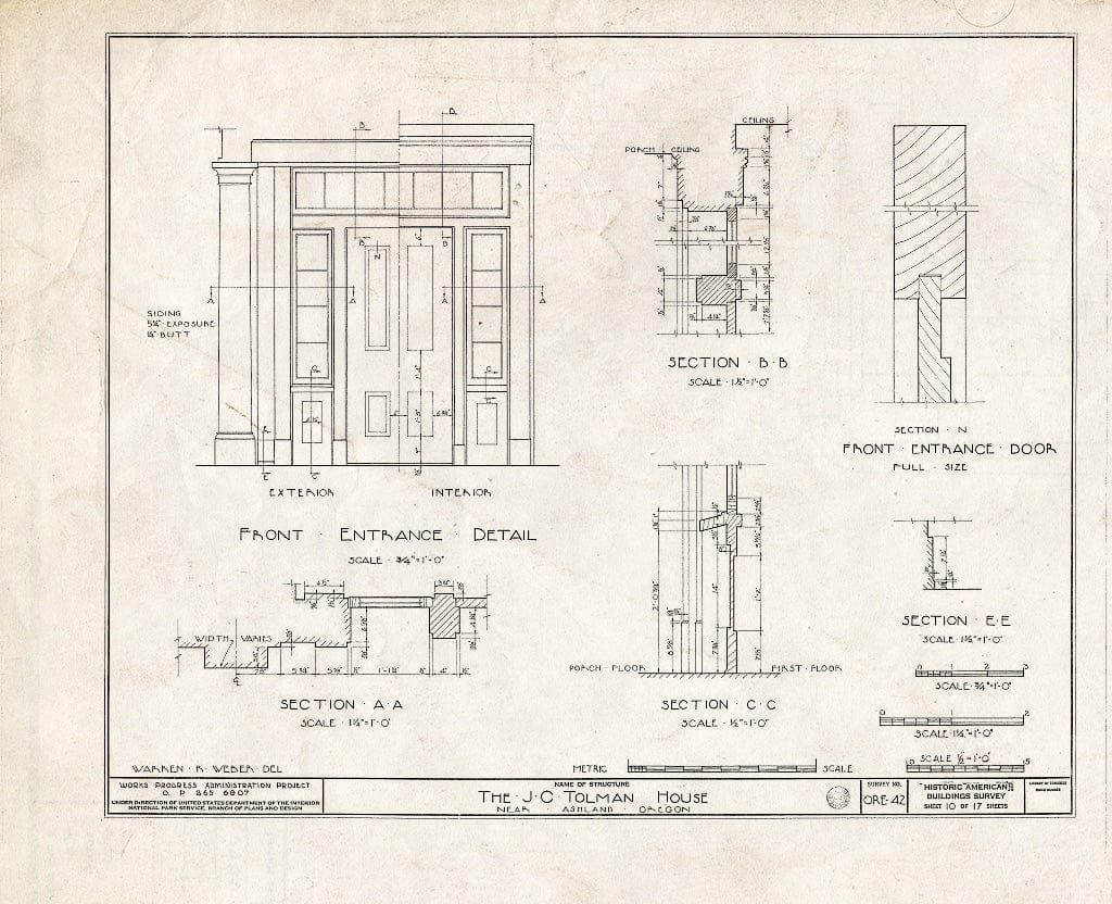 Blueprint HABS ORE,15-ASH.V,1- (Sheet 10 of 17) - James C. Tolman House, Pacific Highway, Ashland, Jackson County, OR