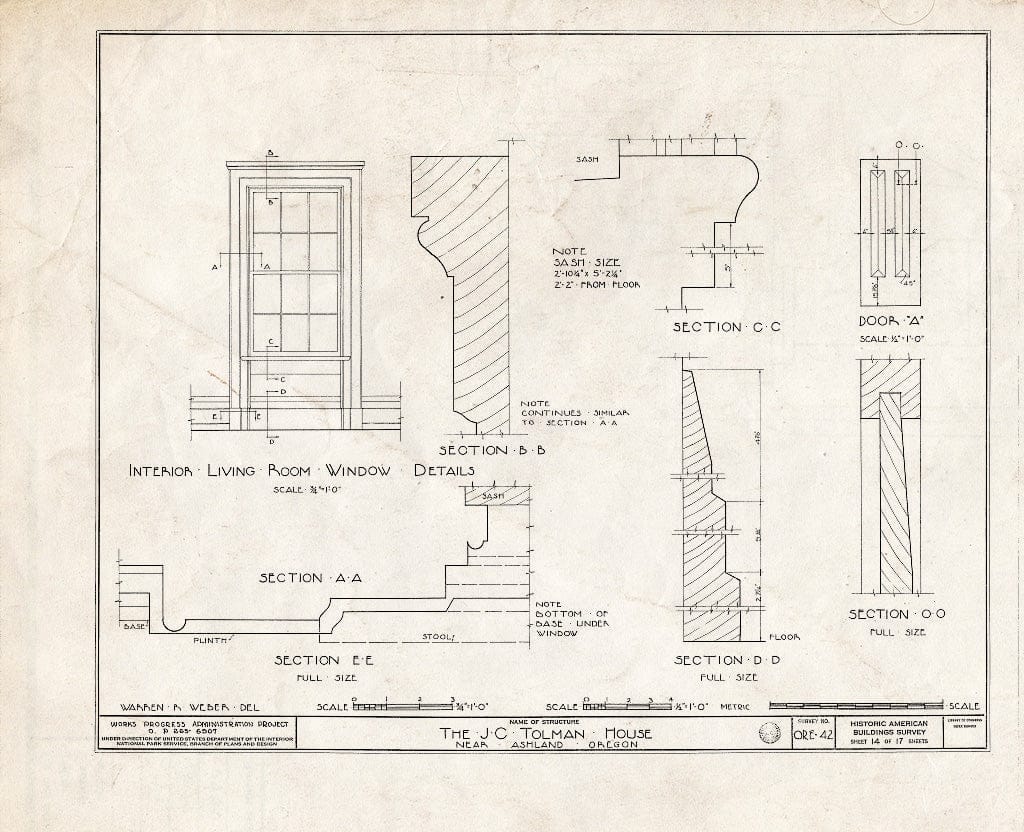 Blueprint HABS ORE,15-ASH.V,1- (Sheet 14 of 17) - James C. Tolman House, Pacific Highway, Ashland, Jackson County, OR