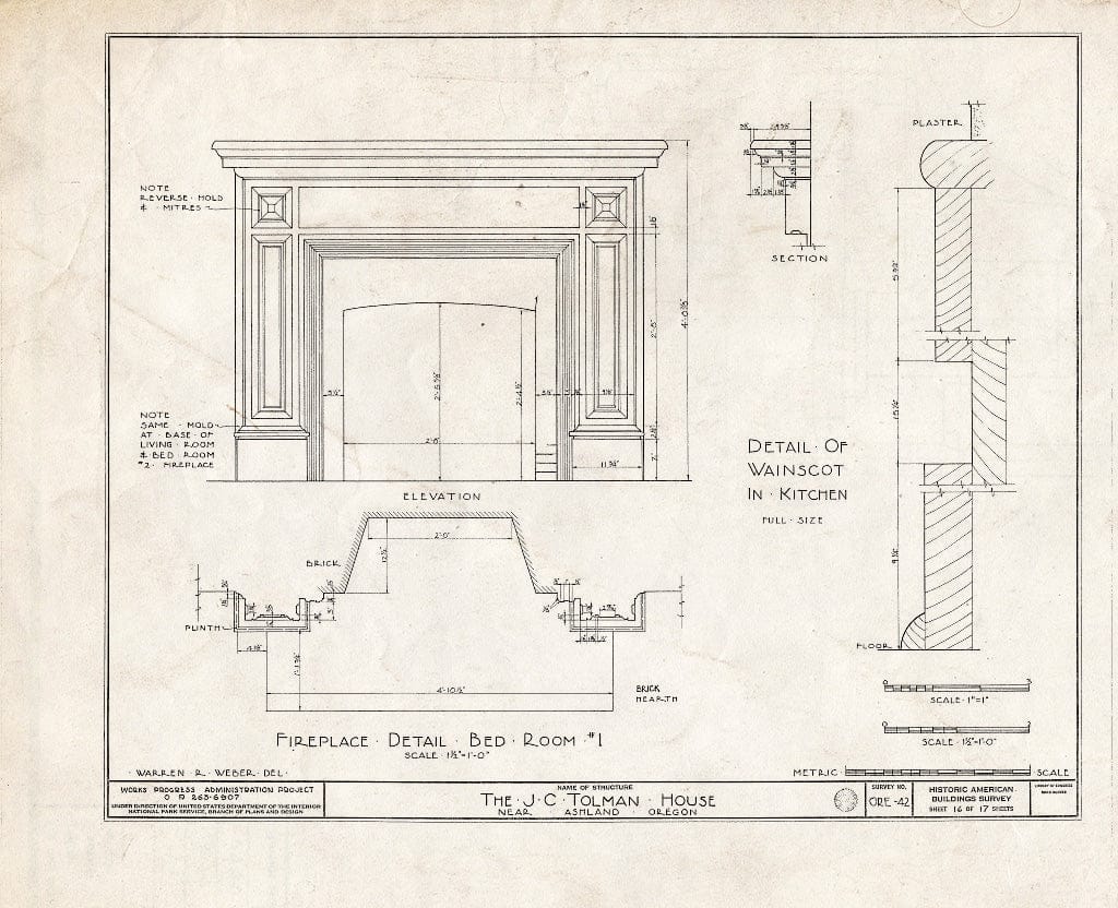 Blueprint HABS ORE,15-ASH.V,1- (Sheet 16 of 17) - James C. Tolman House, Pacific Highway, Ashland, Jackson County, OR