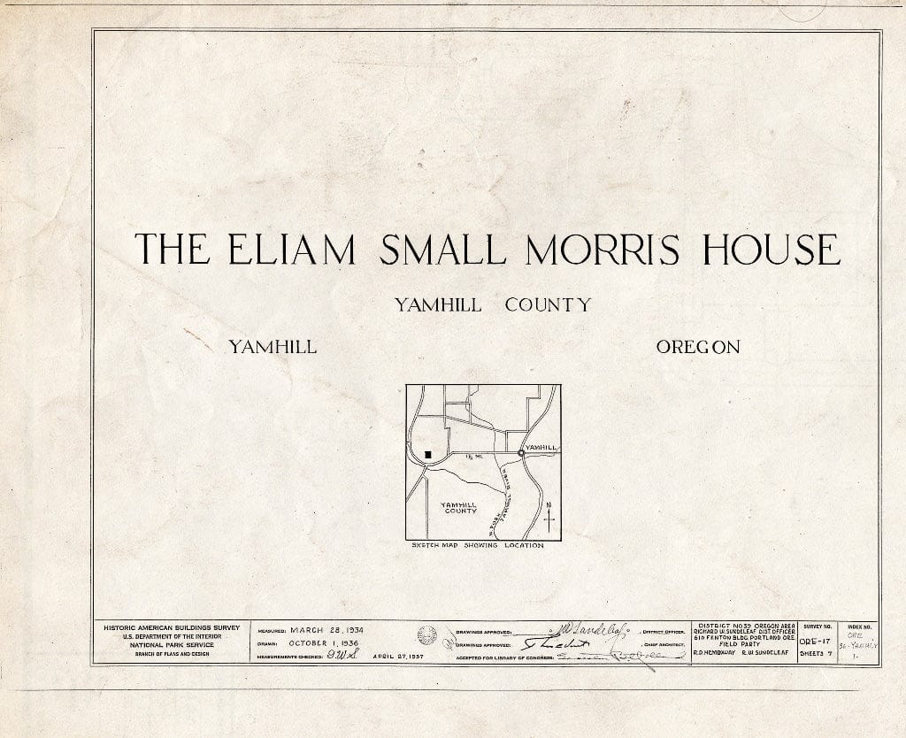 Blueprint HABS ORE,36-YAMHI.V,1- (Sheet 0 of 7) - Eliam Small Morris House, Yamhill, Yamhill County, OR