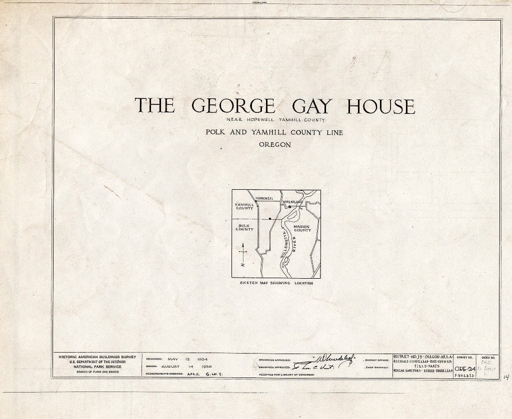 Blueprint HABS ORE,36-HOP.V,1- (Sheet 0 of 7) - George K. Gay House, Hopewell, Yamhill County, OR