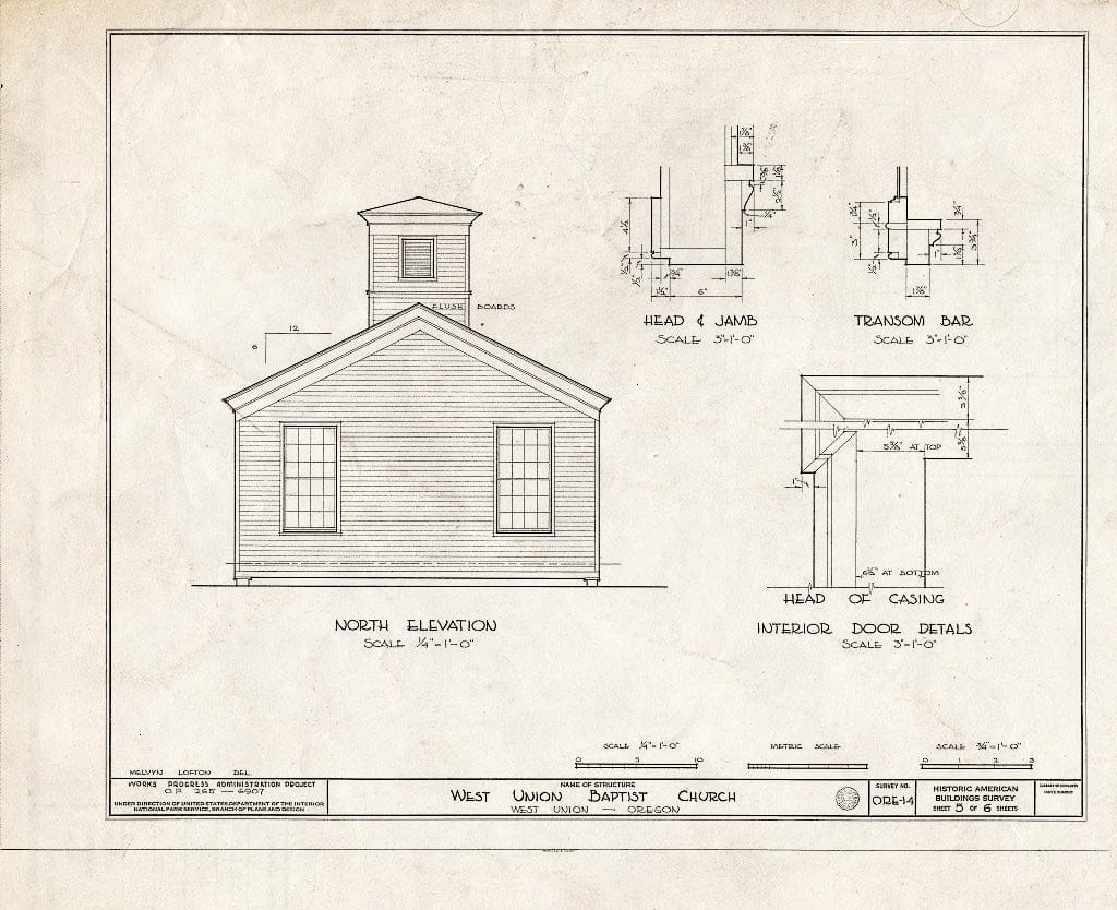Blueprint HABS ORE,34-UNIW,1- (Sheet 5 of 6) - West Union Baptist Church, West Union, Washington County, OR