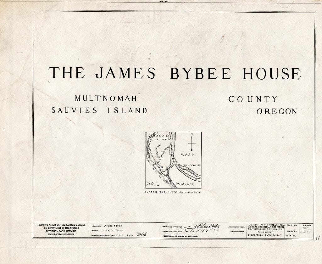 Blueprint HABS ORE,26-SAUVI,1- (Sheet 0 of 7) - James F. Bybee House, Burlington, Multnomah County, OR