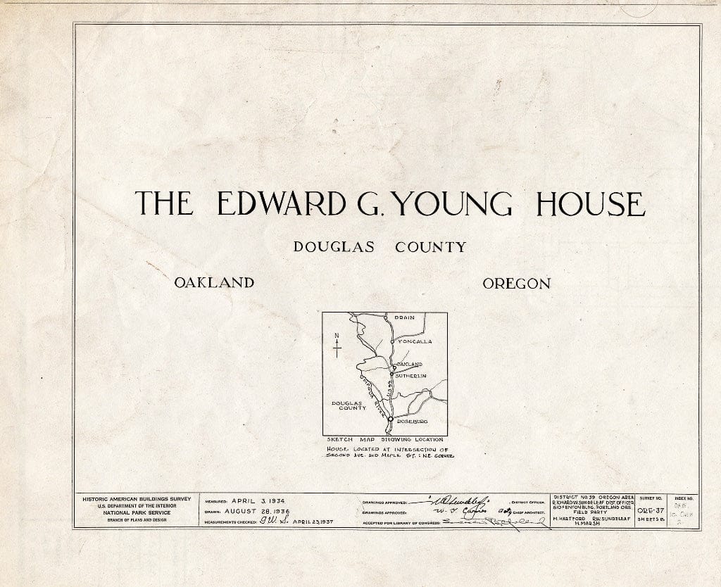 Blueprint HABS ORE,10-Oak,2- (Sheet 0 of 8) - Edward G. Young House, Second Avenue & Maple Street, Oakland, Douglas County, OR