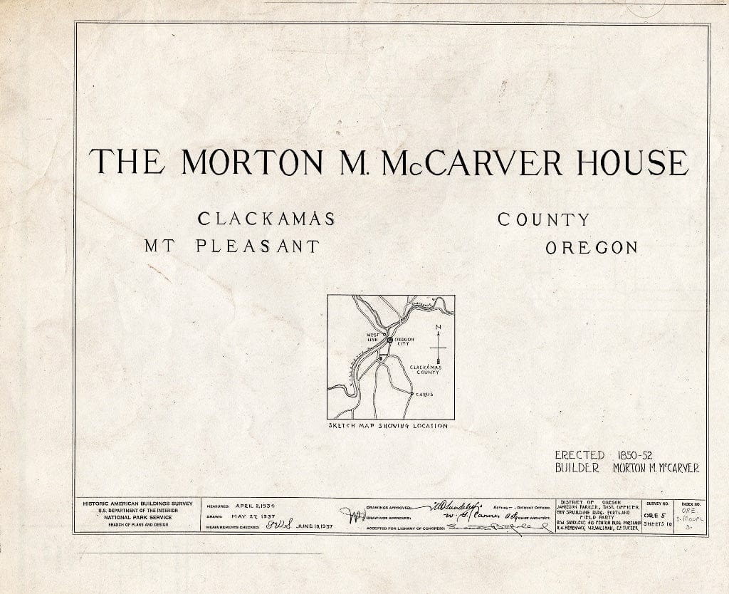 Blueprint HABS ORE,3-MOUPL,3- (Sheet 0 of 10) - Morton McCarver House, Mount Pleasant, Clackamas County, OR