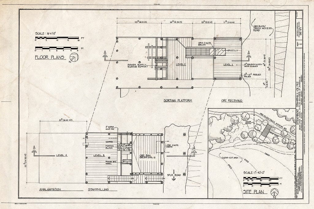 Blueprint HAER ORE,15-JACVI.V,4- (Sheet 1 of 4) - Steamboat Stampmill, Brush Creek Canyon, Jacksonville, Jackson County, OR