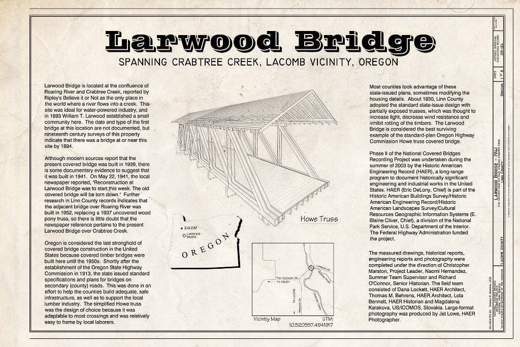 Blueprint Larwood Bridge, Title Sheet - Larwood Bridge, Spanning Crabtree Creek, Fish Hatchery Road (CR 648), Lacomb, Linn County, OR