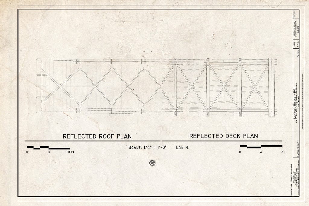 Blueprint Reflected Roof Plan; Reflected Deck Plan - Larwood Bridge, Spanning Crabtree Creek, Fish Hatchery Road (CR 648), Lacomb, Linn County, OR