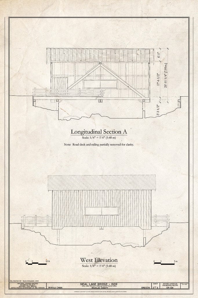 Blueprint Longitudinal Section A; West Elevation - Neal Lane Bridge, Spanning South Myrtle Creek, Neal Lane (CR 124), Myrtle Creek, Douglas County, OR