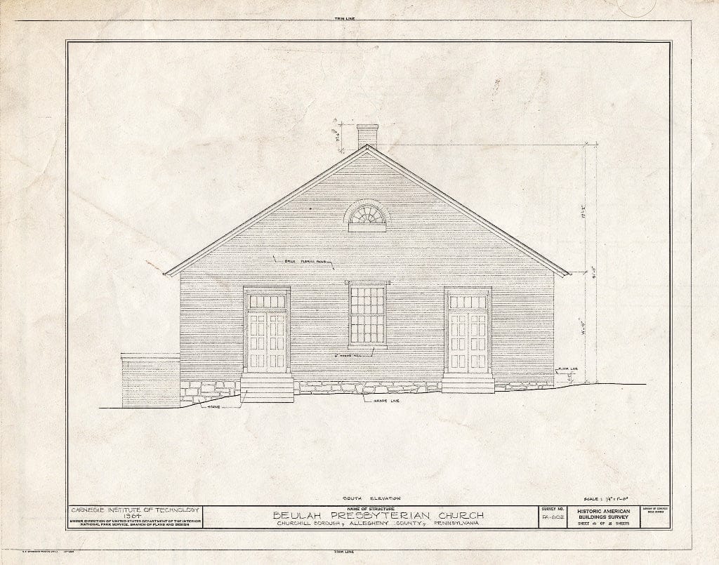 Blueprint HABS PA,2-CHURCHL,1- (Sheet 4 of 8) - Beulah Presbyterian Church, Beulah Road (State Route 130), Churchill, Allegheny County, PA