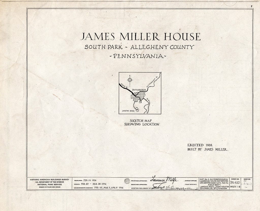 Blueprint HABS PA,2-PITBU.V,1- (Sheet 0 of 8) - James Miller House, Pittsburgh Vicinity, Library, Allegheny County, PA