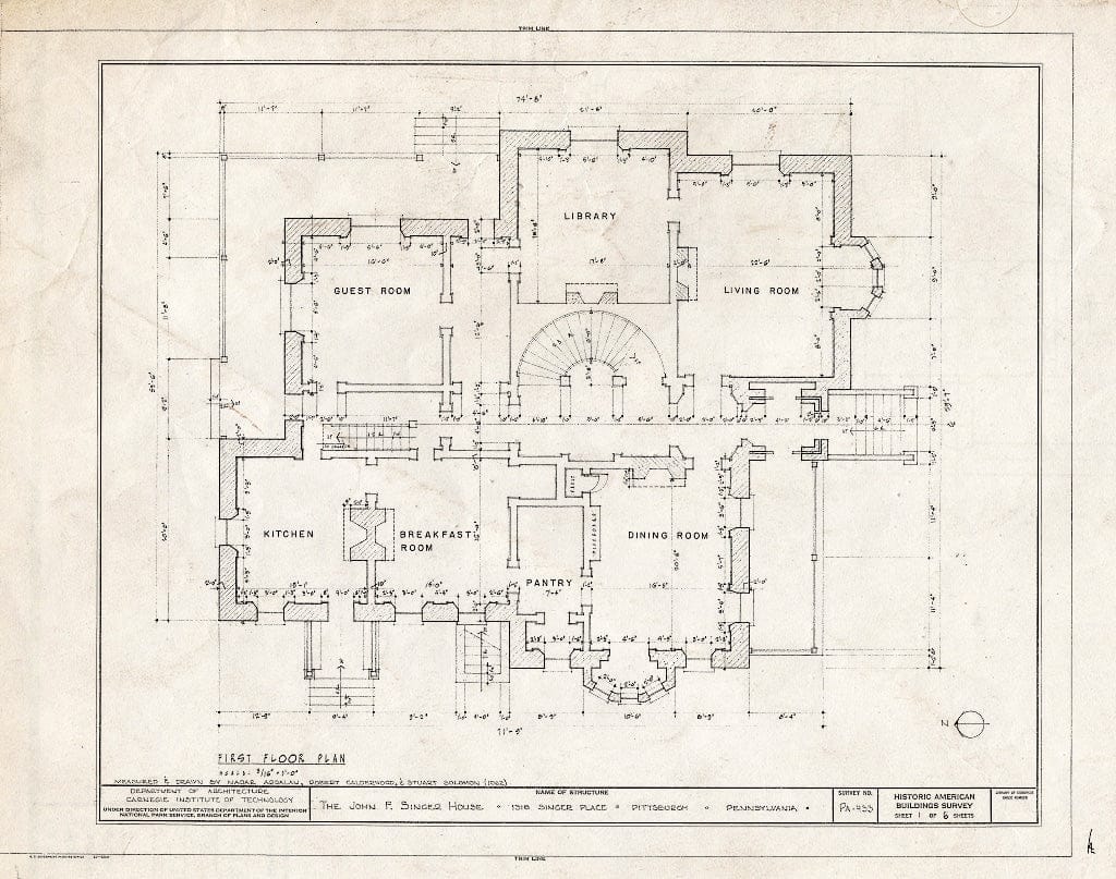Blueprint HABS PA,2-PITBU,23- (Sheet 1 of 6) - John F. Singer House, 1318 Singer Place, Pittsburgh, Allegheny County, PA