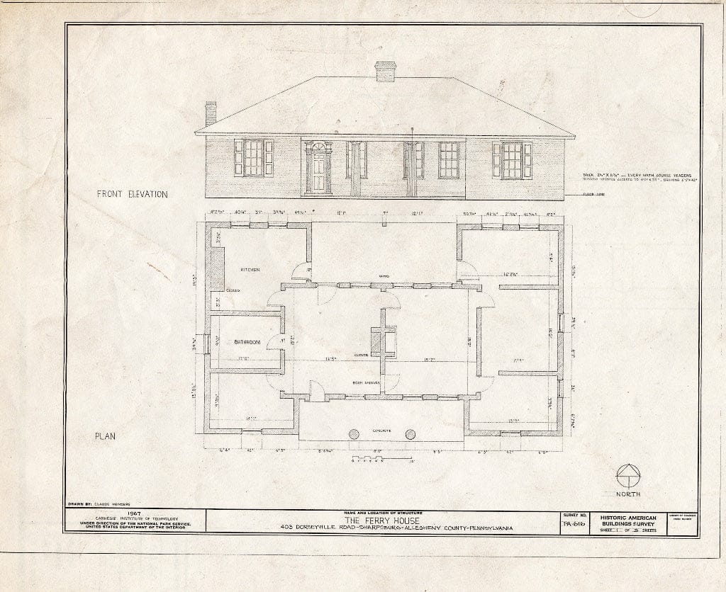 Blueprint HABS PA,2-Sharp.V,1- (Sheet 1 of 3) - Ferry House, 403 Dorseyville Road (O'Hara Township), Sharpsburg, Allegheny County, PA