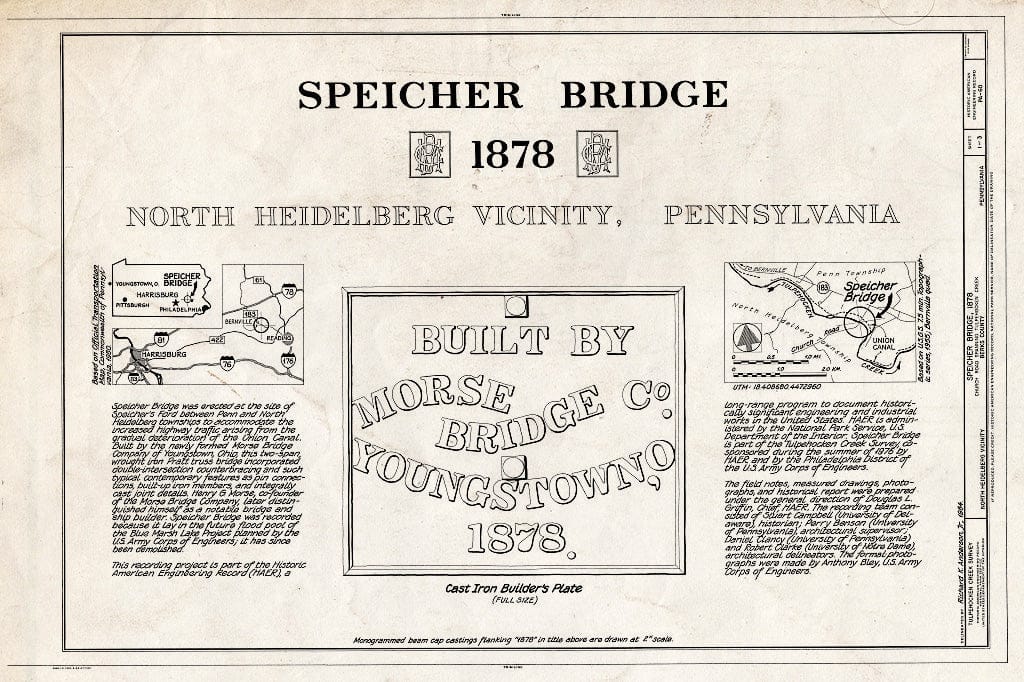 Blueprint HAER PA,6-Bern.V,9- (Sheet 1 of 3) - Speicher Bridge, Church Road Over Tulpehocken Creek Between Penn & North Heidelberg Townships, Bernville, Berks County, PA