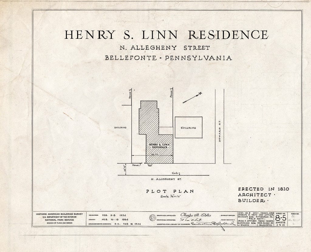 Blueprint HABS PA,14-BELF,1- (Sheet 0 of 11) - Henry S. Linn House, North Allegheny Street, Bellefonte, Centre County, PA