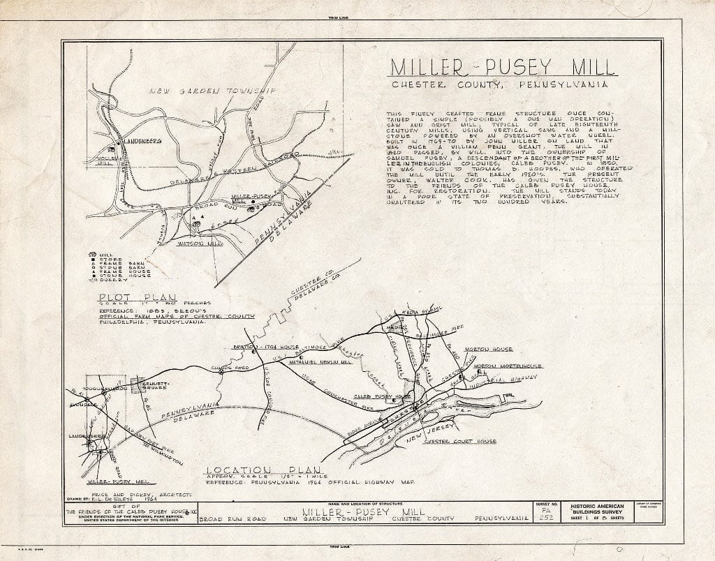 Blueprint HABS PA,15-Land.V,1- (Sheet 1 of 8) - Miller-Pusey Mill, Broad Run Road (New Garden Township), Landenberg, Chester County, PA