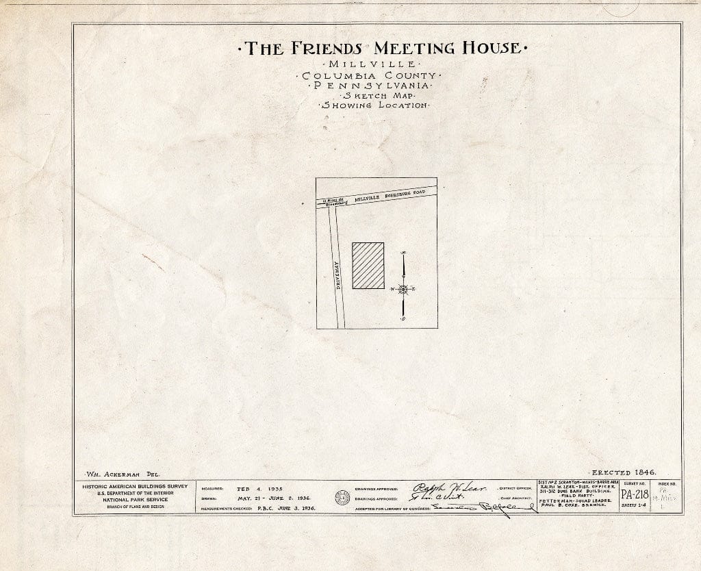 Blueprint HABS PA,19-MILV,1- (Sheet 0 of 4) - Friends Meeting House, Millville, Columbia County, PA