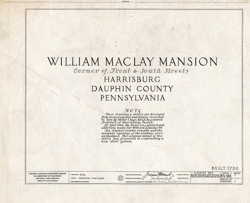 Blueprint HABS PA,2-HARBU,3- (Sheet 0 of 5) - William Maclay Mansion, Front & South Streets, Harrisburg, Dauphin County, PA