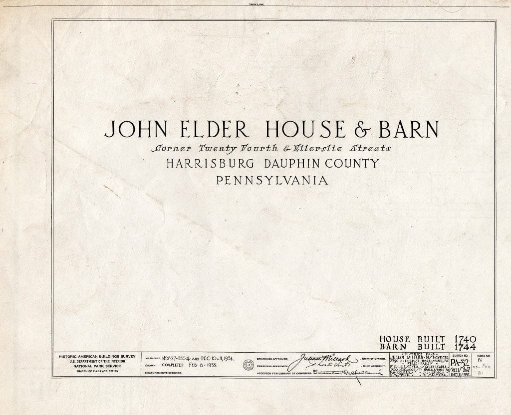 Blueprint HABS PA,22-Pax,2- (Sheet 0 of 7) - John Elder House & Barn, Twenty-Fourth & Ellerslie Streets, Paxtang, Dauphin County, PA