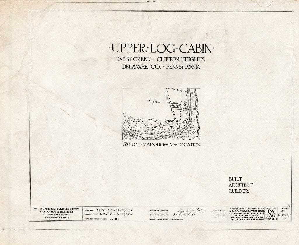 Blueprint HABS PA,23-Darb.V,3- (Sheet 0 of 4) - Upper Swedish Log Cabin, Darby Creek Vicinity, Clifton Heights (Upper Darby Township), Darby, Delaware County, PA