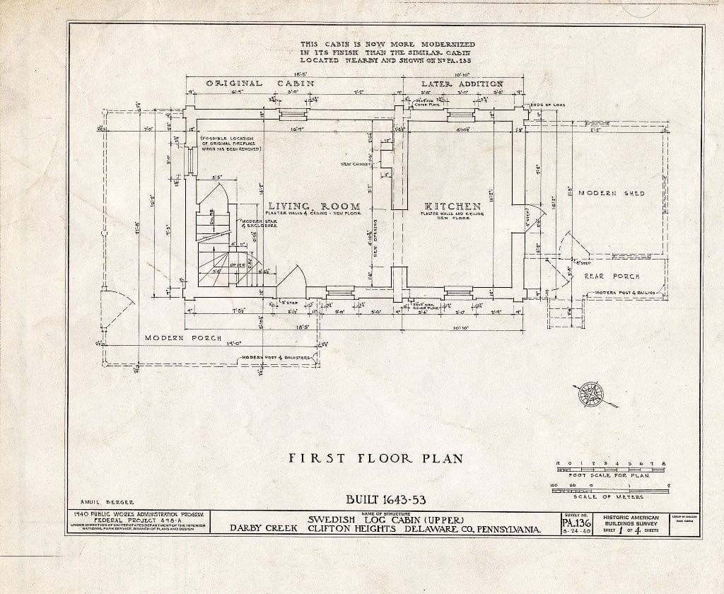 Blueprint HABS PA,23-Darb.V,3- (Sheet 1 of 4) - Upper Swedish Log Cabin, Darby Creek Vicinity, Clifton Heights (Upper Darby Township), Darby, Delaware County, PA