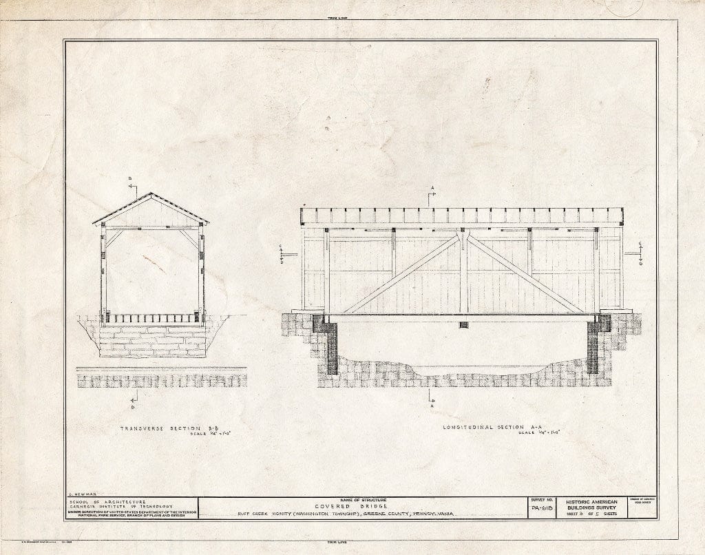 Blueprint Transverse Section, Longitudinal Section - Covered Bridge, Spanning Ruff Creek (Washington Township), Ruff Creek, Greene County, PA