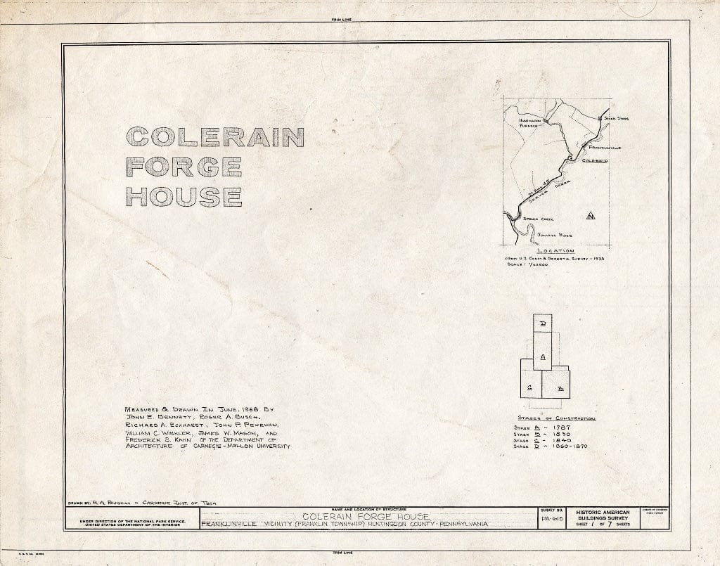 Blueprint HABS PA,31-FRNK.V,1- (Sheet 1 of 7) - Colerain Forge House, State Route 45 Vicinity (Franklin Township), Franklinville, Huntingdon County, PA