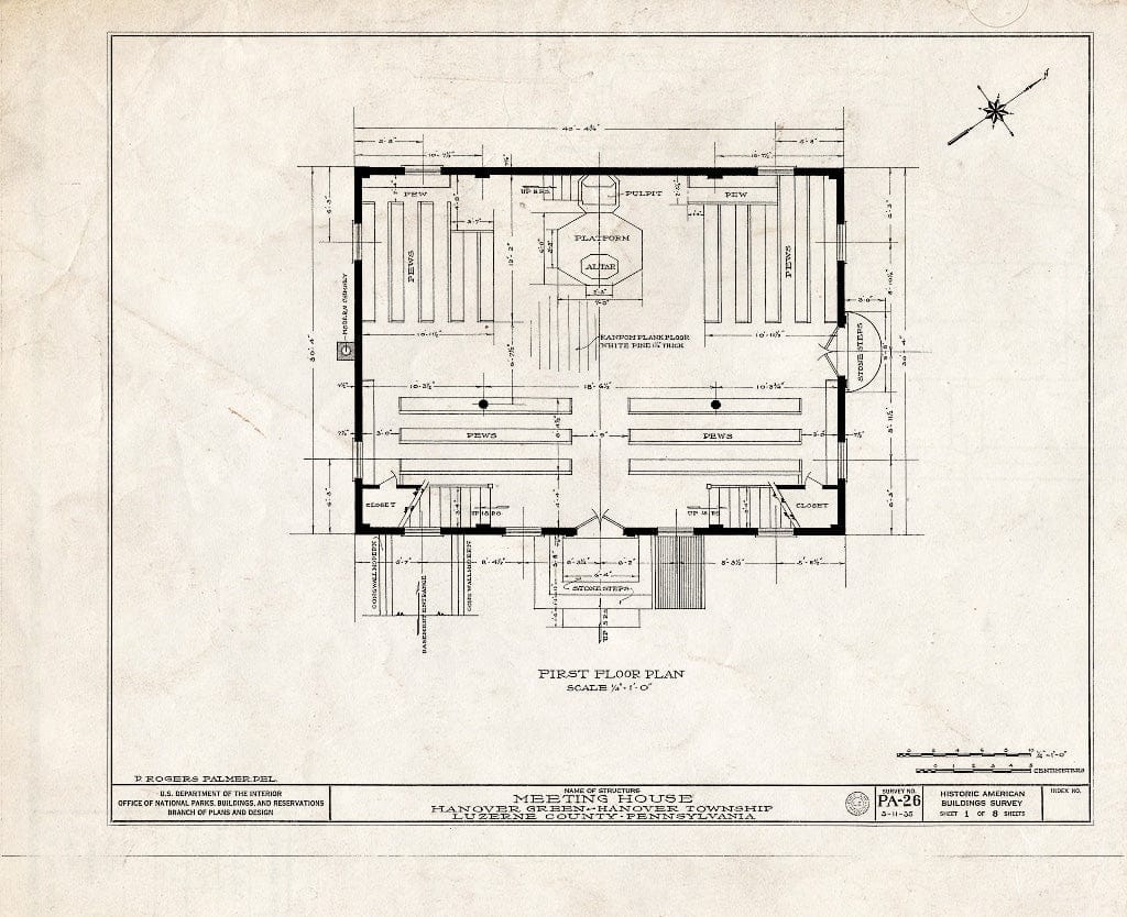 Blueprint HABS PA,40-HANO,1- (Sheet 1 of 8) - Hanover Green Meetinghouse, Nanticoke Vicinity, Hanover Green, Luzerne County, PA