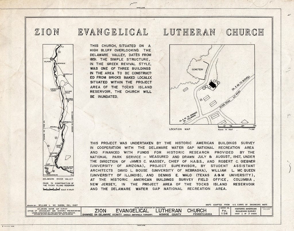 Blueprint HABS PA,45-SHAWD.V,10- (Sheet 1 of 7) - Zion Evangelical Lutheran Church, River Road, Shawnee on Delaware, Monroe County, PA