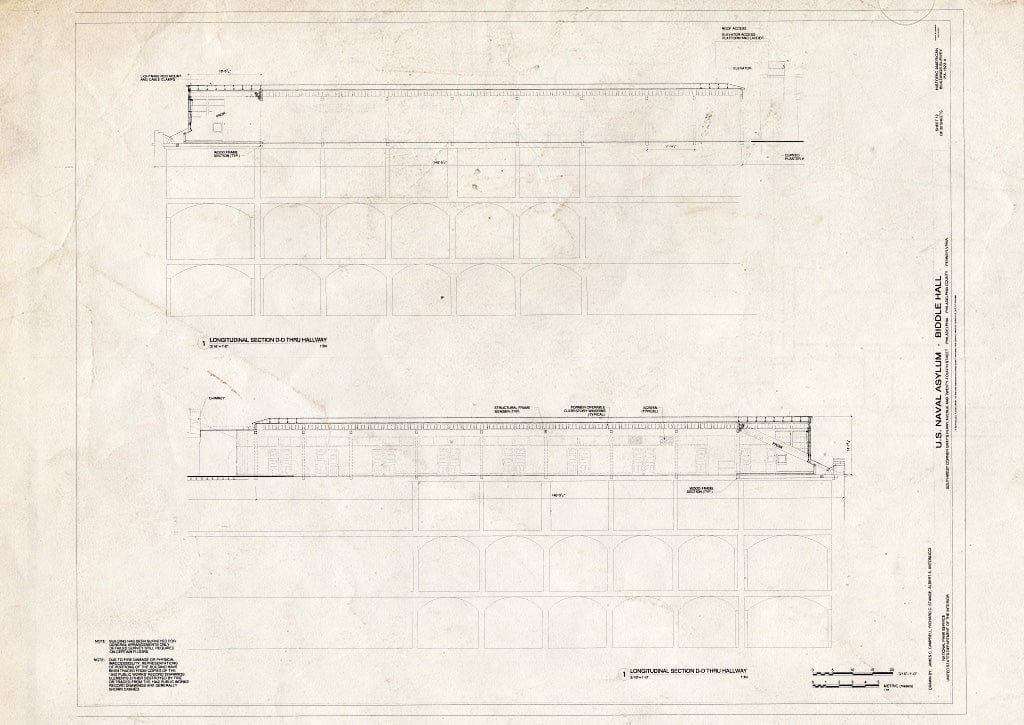 Blueprint Longitudinal Sections Thru Hallway - U. S. Naval Asylum, Biddle Hall, Gray's Ferry Avenue, Philadelphia, Philadelphia County, PA