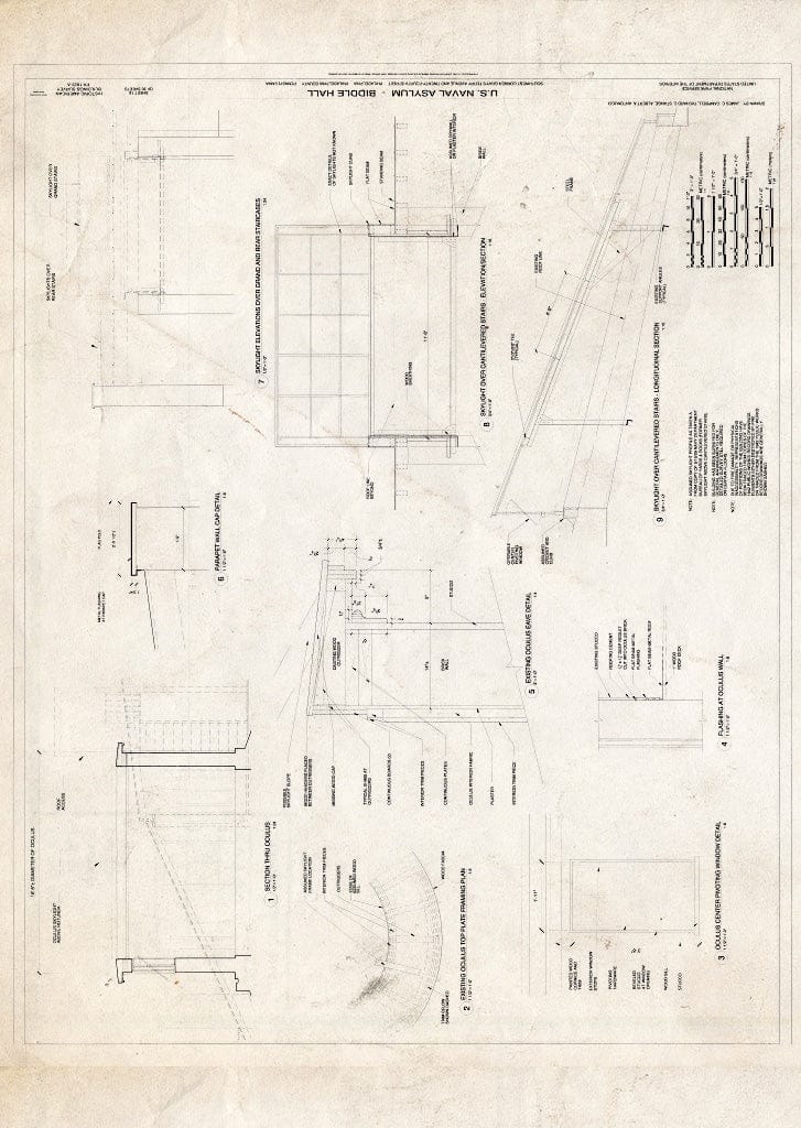Blueprint Section and Details of Oculus, Skylight Elevation and Section - U. S. Naval Asylum, Biddle Hall, Gray's Ferry Avenue, Philadelphia, Philadelphia County, PA