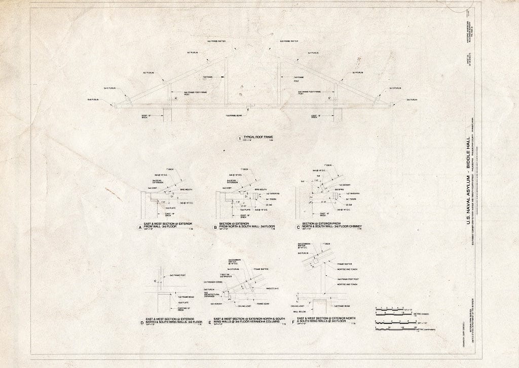 Blueprint Typical Roof Frame and Wall Sections - U. S. Naval Asylum, Biddle Hall, Gray's Ferry Avenue, Philadelphia, Philadelphia County, PA