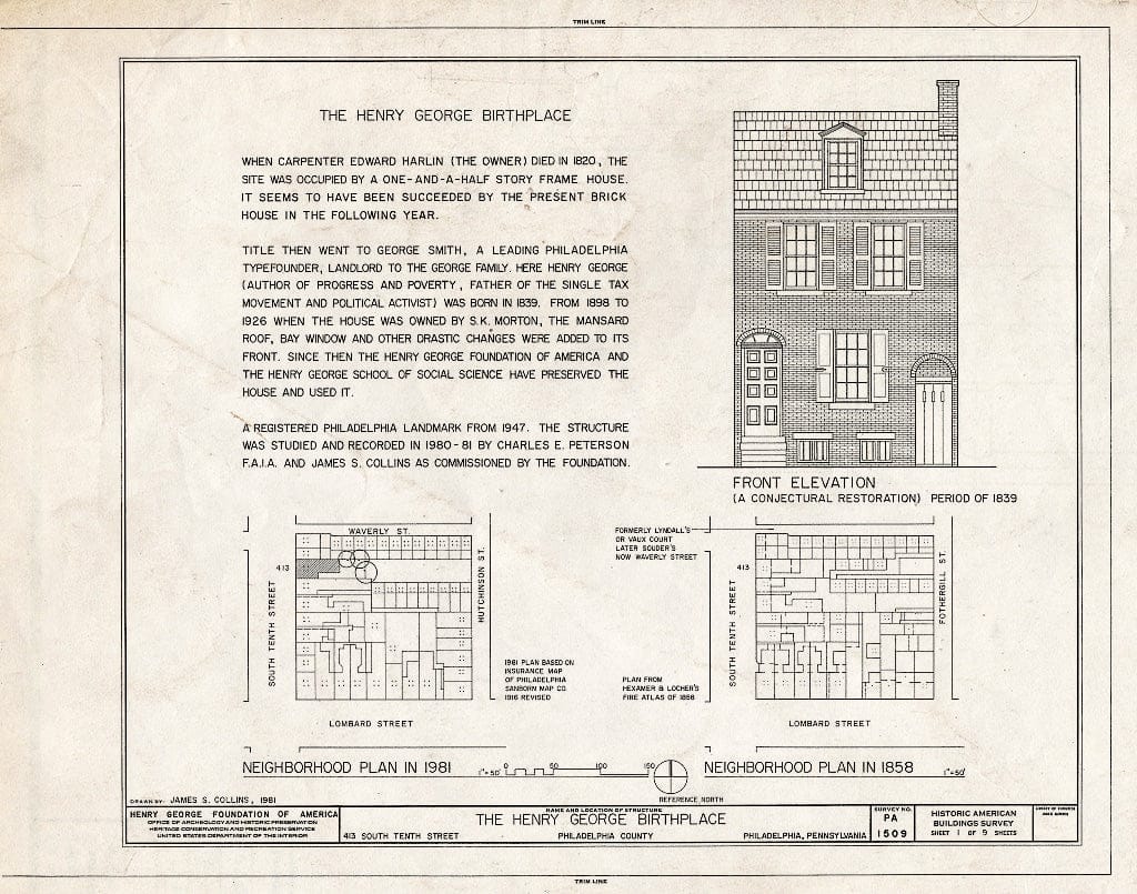 Blueprint HABS PA,51-Phila,310- (Sheet 1 of 9) - Henry George Birthplace, 413 South Tenth Street, Philadelphia, Philadelphia County, PA